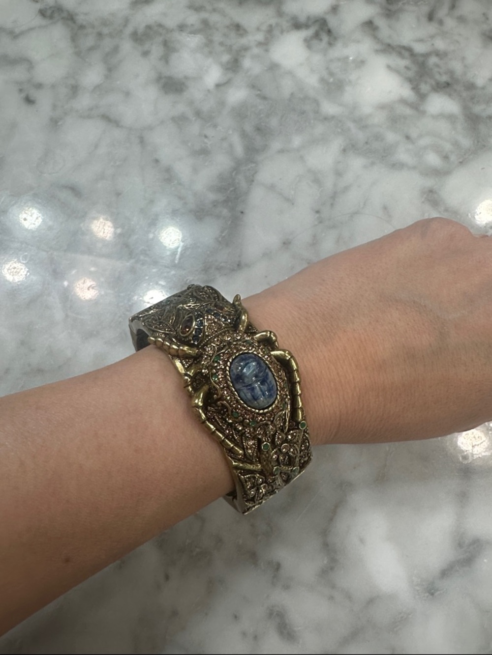 Ornate Scarab Cuff Bracelet in Antique Gold with Blue Spider by Heidi Daus